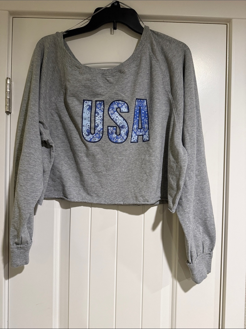 JoyLab Gray Cropped Long Sleeve t-Shirt with Blue 'USA' Graphic